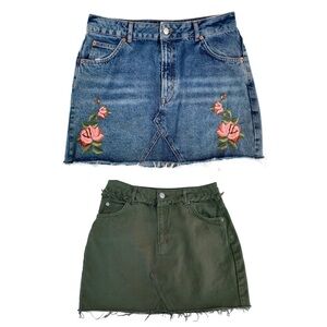 Set of Two 2 Topshop Moto Denim Raw Hem Frayed Mini Skirts Size 10